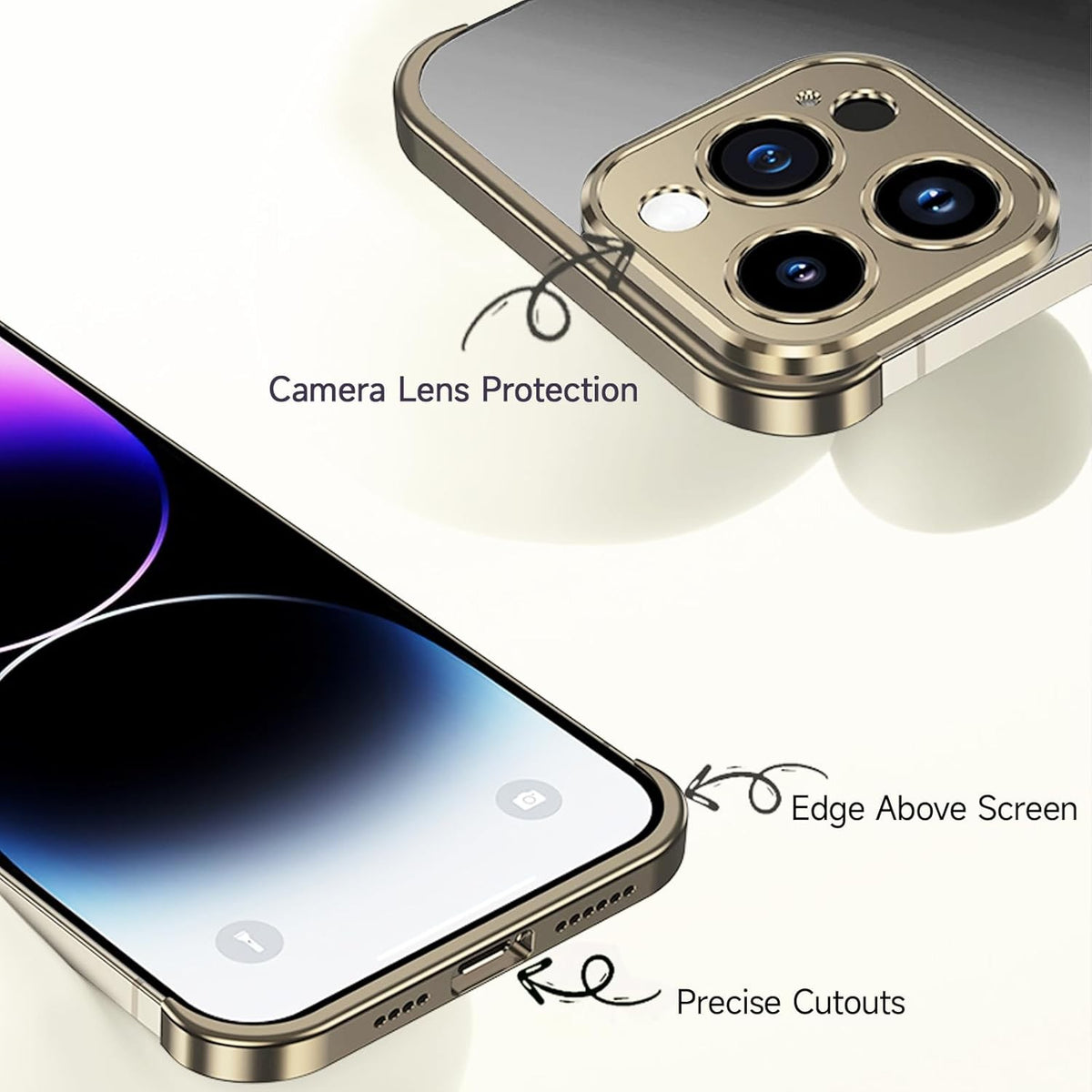 Husă iPhone 16, fără spate, doar colțuri și cameră, auriu