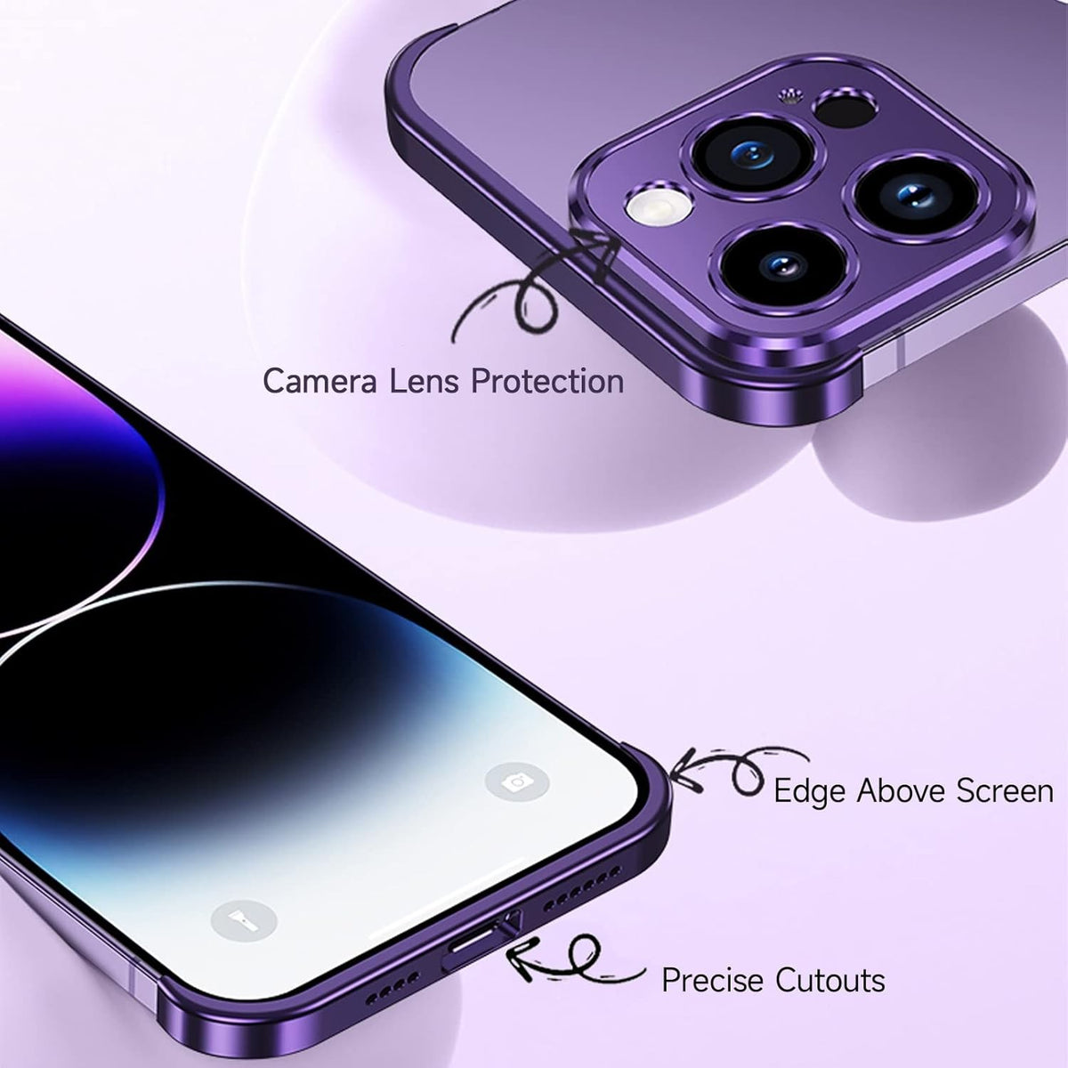 Husă iPhone 16, fără spate, doar colțuri și cameră, mov