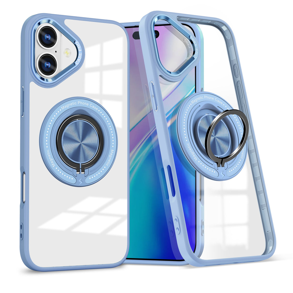 Husă iPhone 16 Plus, antișoc, transparentă, cu inel magnetic rotativ, albastru deschis
