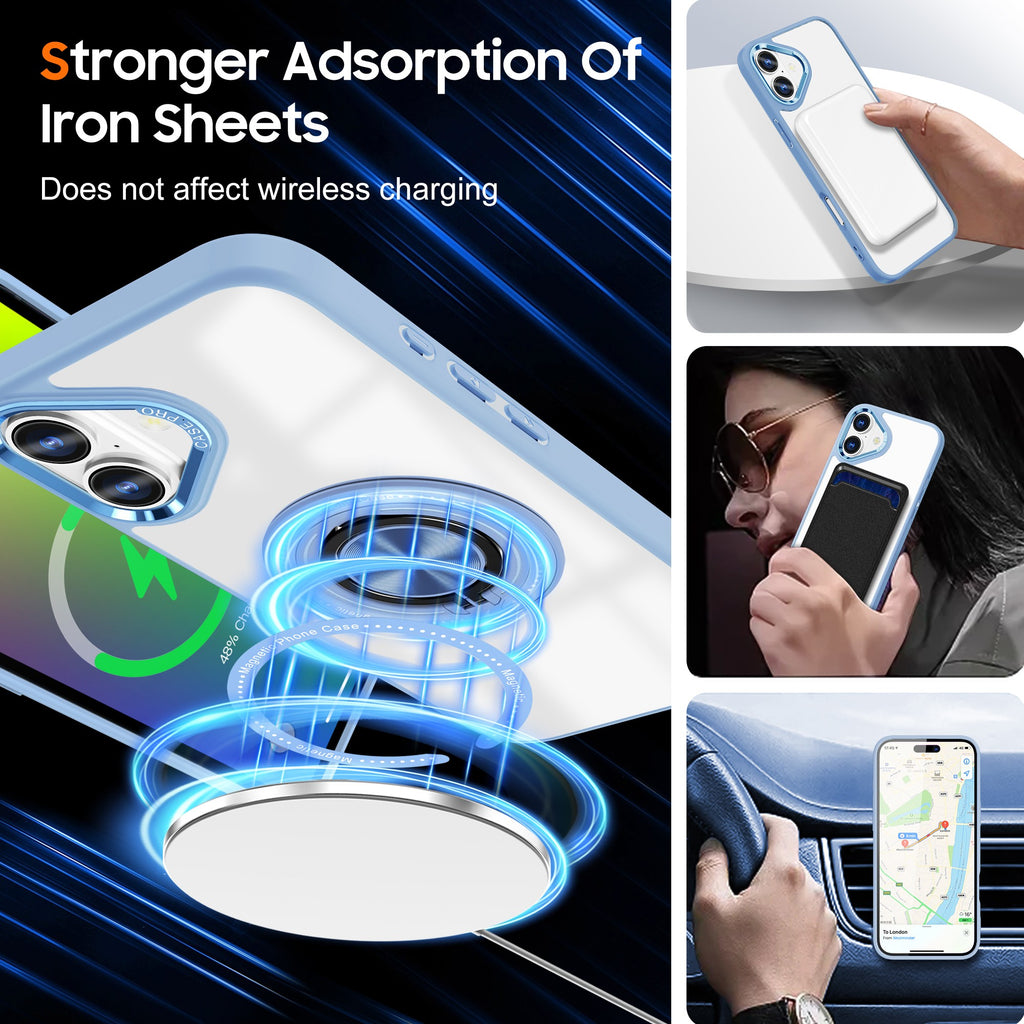 Husă iPhone 16 Plus, antișoc, transparentă, cu inel magnetic rotativ, albastru deschis