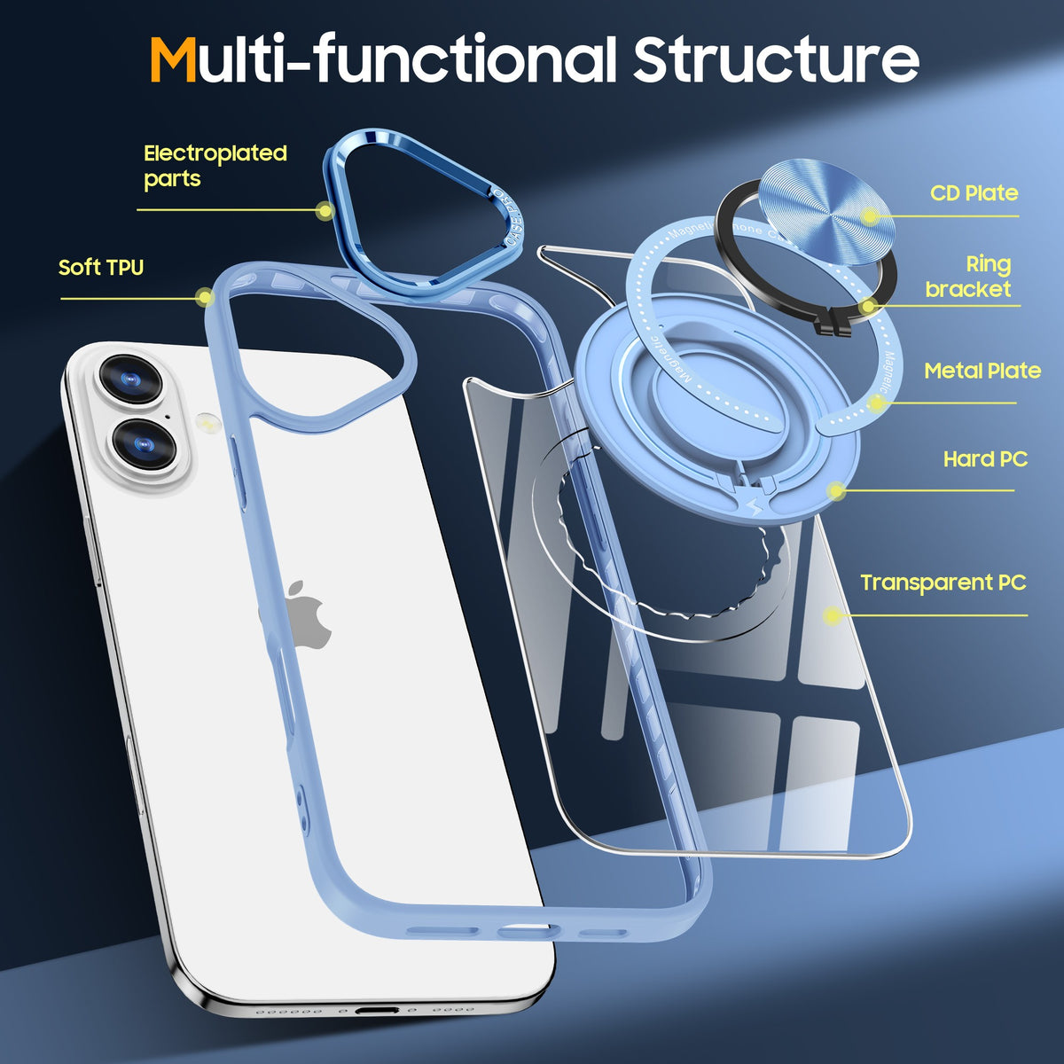 Husă iPhone 16 Plus, antișoc, transparentă, cu inel magnetic rotativ, albastru deschis