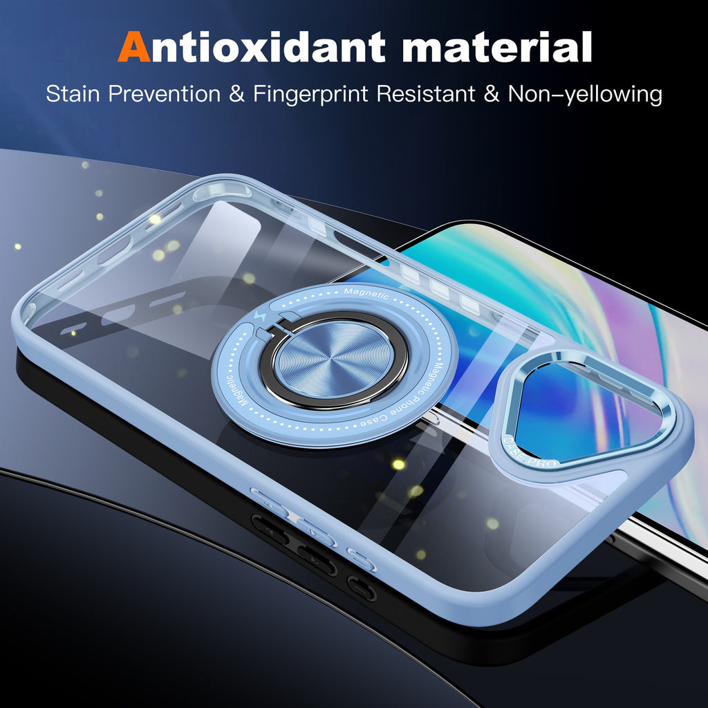 Husă iPhone 16 Plus, antișoc, transparentă, cu inel magnetic rotativ, albastru deschis