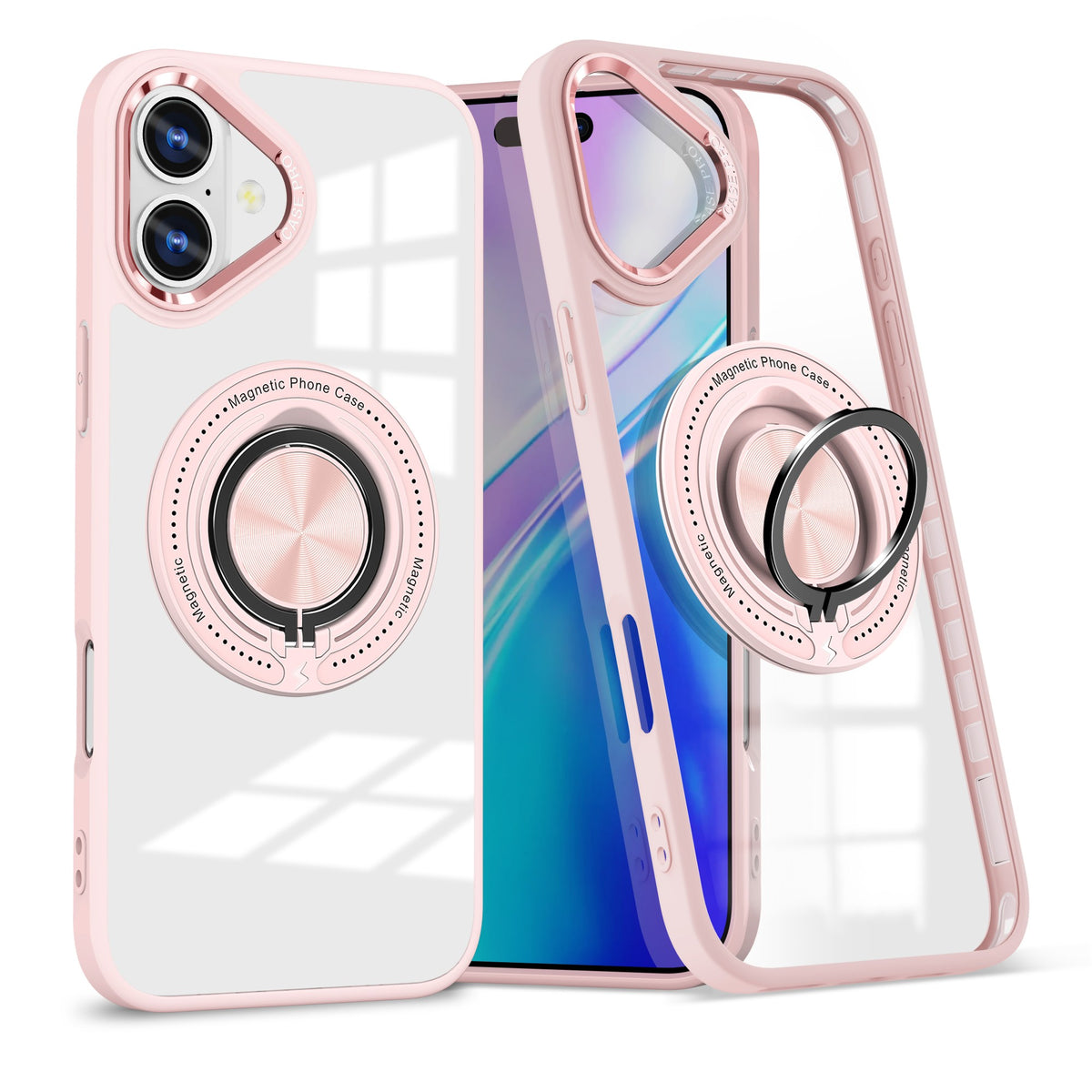 Husă iPhone 16 Plus, antișoc, transparentă, cu inel magnetic rotativ, roz