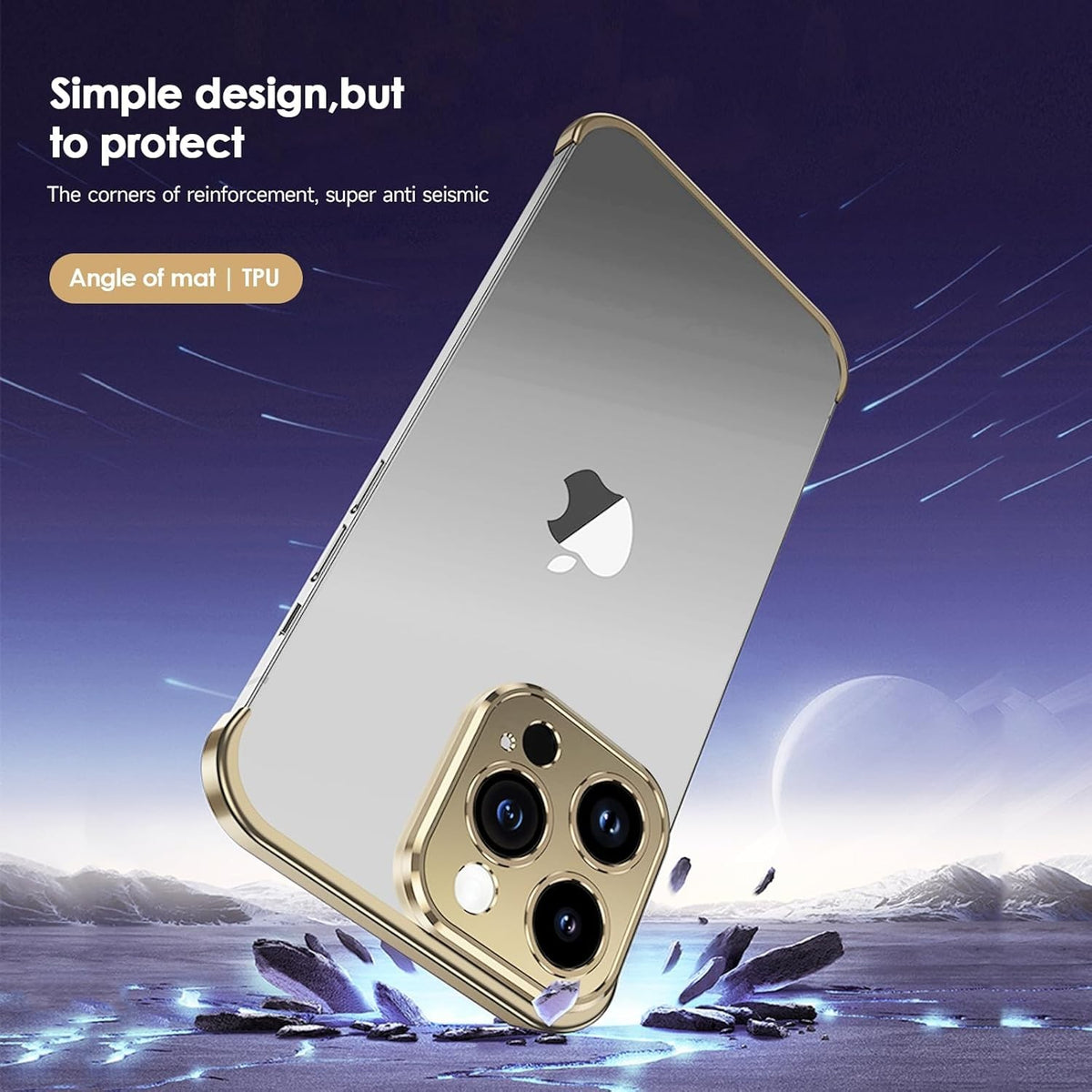 Husă iPhone 16 Plus, fără spate, doar colțuri și cameră, auriu