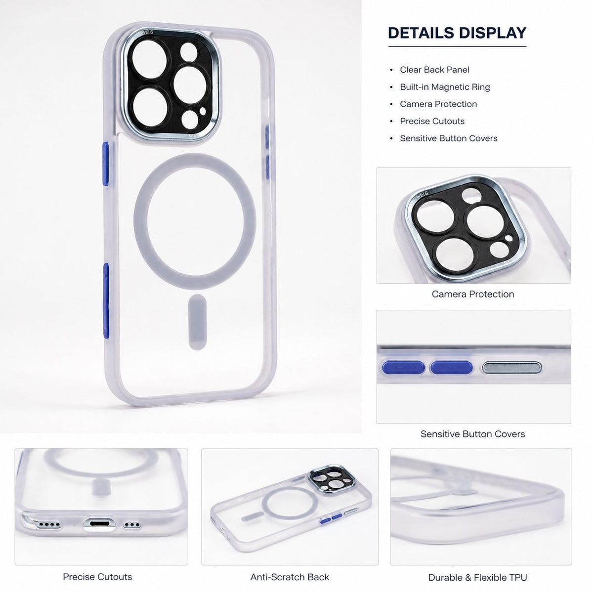Husă iPhone 16 Pro, magnetică MagSafe, transparentă, din TPU și PC, cu ramă colorată, mov