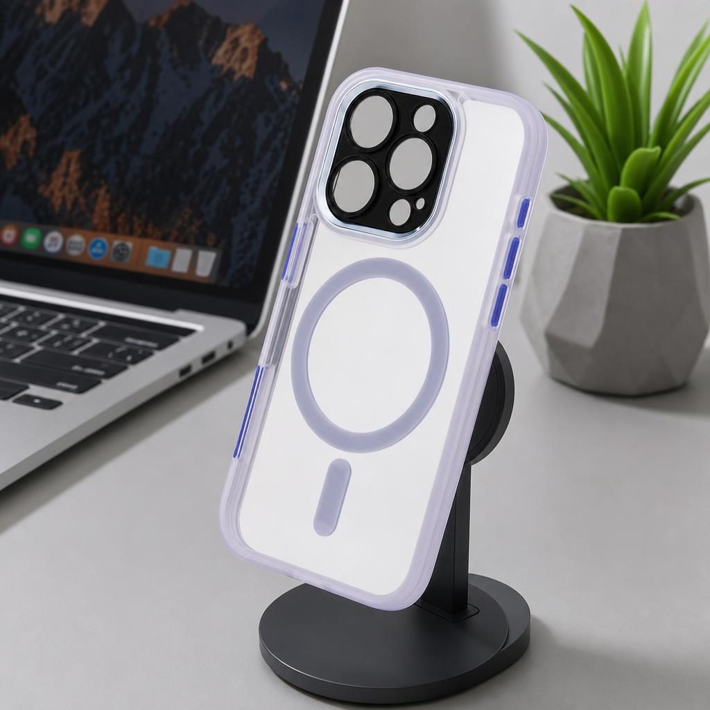 Husă iPhone 16 Pro, magnetică MagSafe, transparentă, din TPU și PC, cu ramă colorată, mov