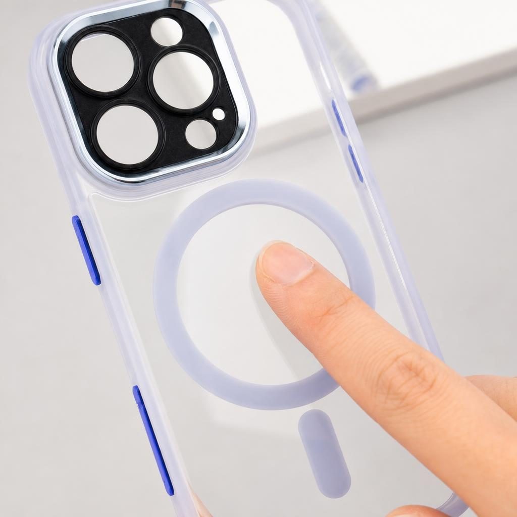 Husă iPhone 16 Pro, magnetică MagSafe, transparentă, din TPU și PC, cu ramă colorată, mov