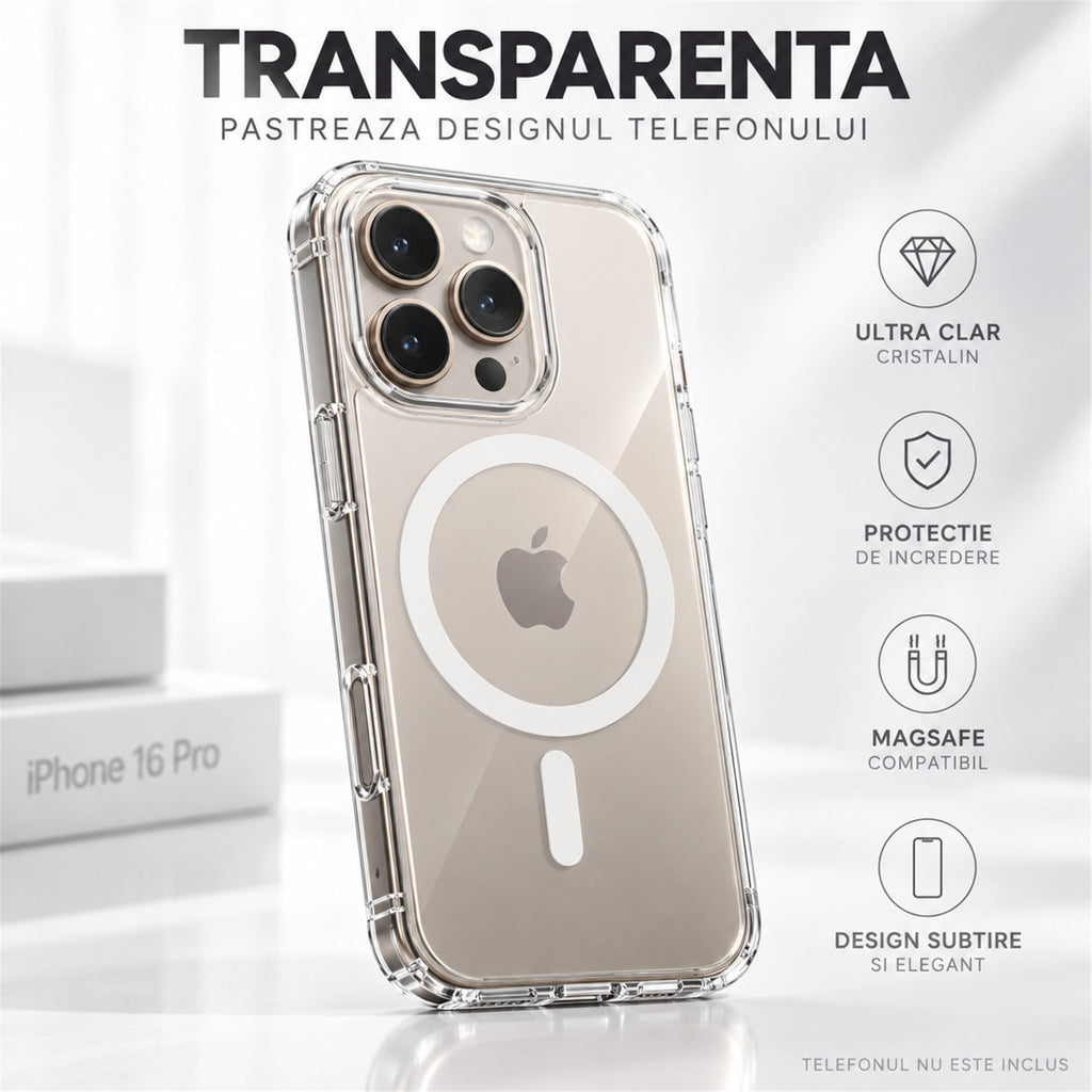 Husă iPhone 16 Pro, magnetică MagSafe, transparentă, transparent