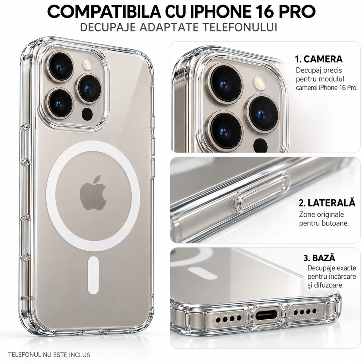 Husă iPhone 16 Pro, magnetică MagSafe, transparentă, transparent