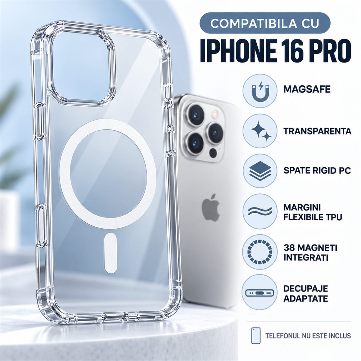 Husă iPhone 16 Pro, magnetică MagSafe, transparentă, transparent