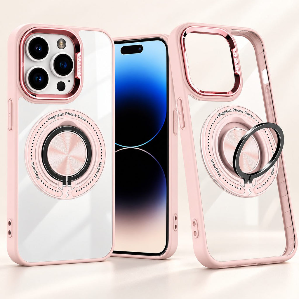 Husă iPhone 16 Pro Max, antișoc, transparentă, cu inel magnetic rotativ, roz