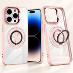 Husă iPhone 16 Pro Max, antișoc, transparentă, cu inel magnetic rotativ, roz