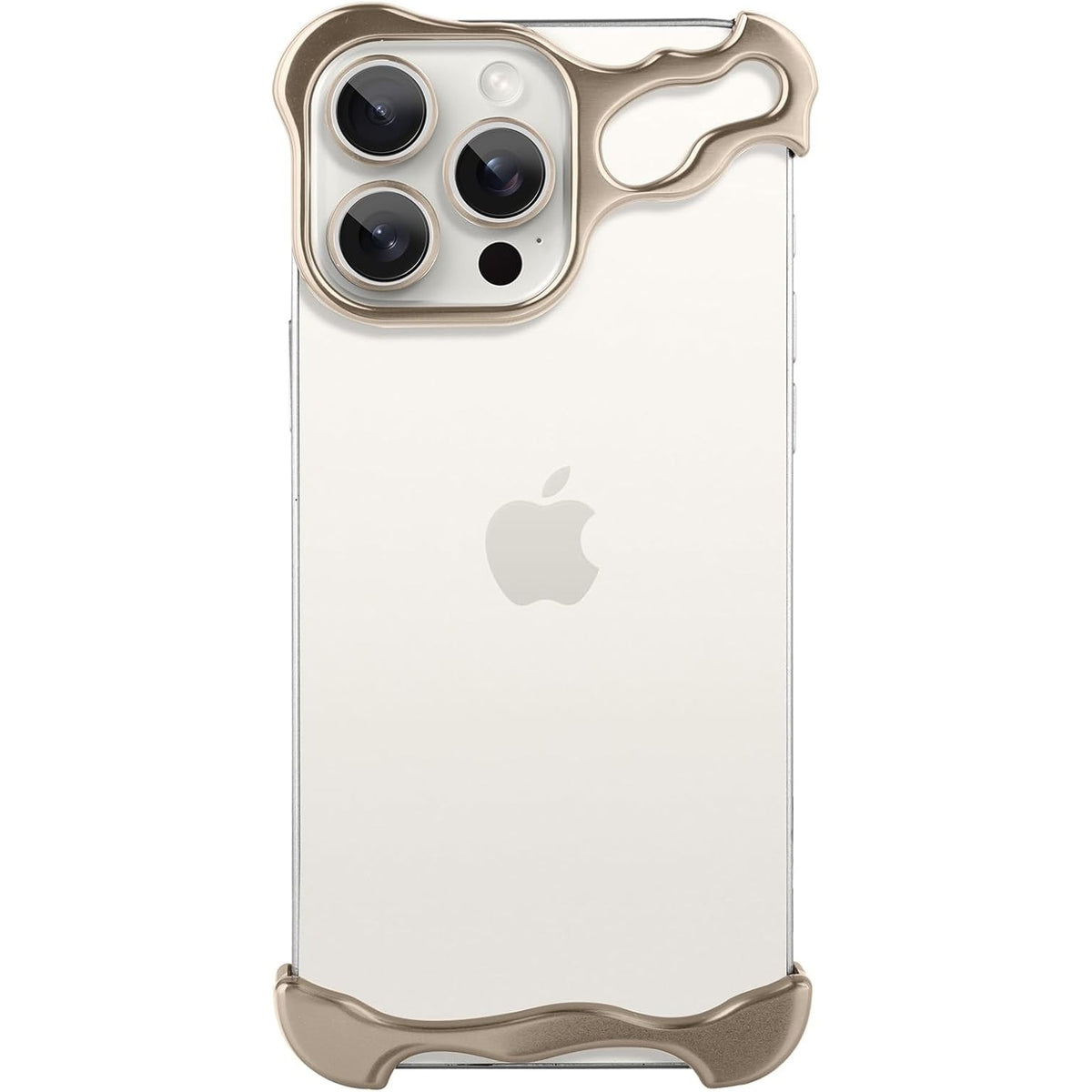 Husă iPhone 16 Pro Max, fără spate, doar colțuri și cameră, din aliaj, cu forme ondulate, auriu