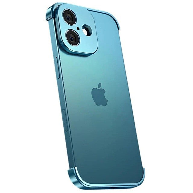 Husă iPhone 17, fără spate, doar colțuri și cameră, albastru