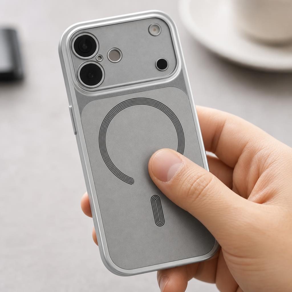 Husă iPhone 17, magnetică MagSafe, piele ecologică, argintiu