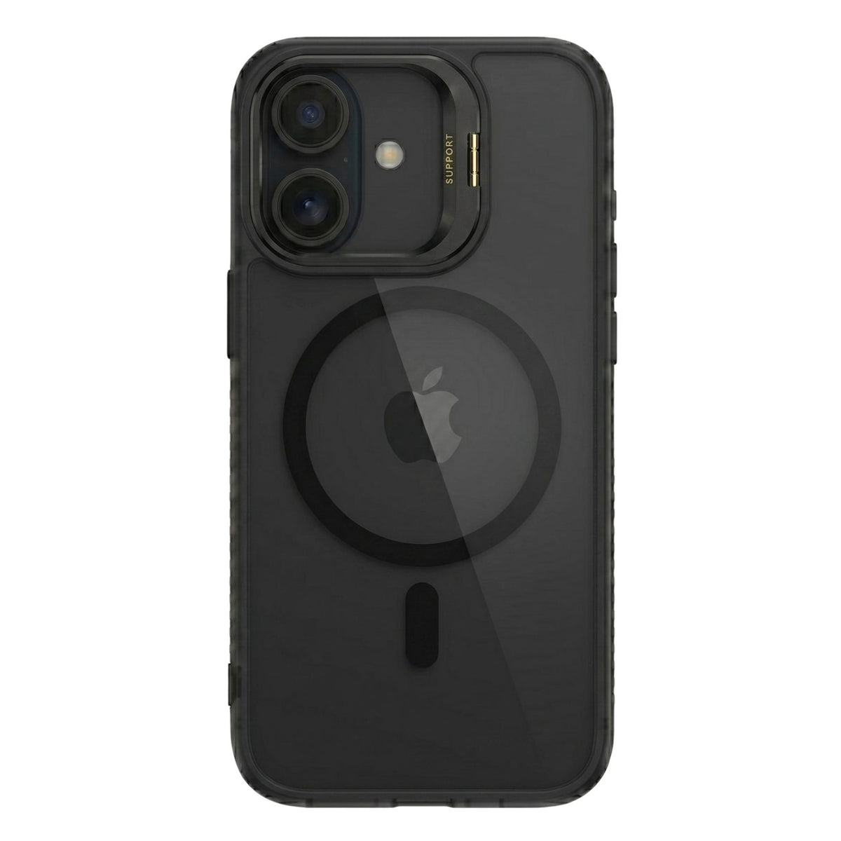 Husă iPhone 17, magnetică MagSafe, transparentă, din acril, cu suport metalic la cameră, negru
