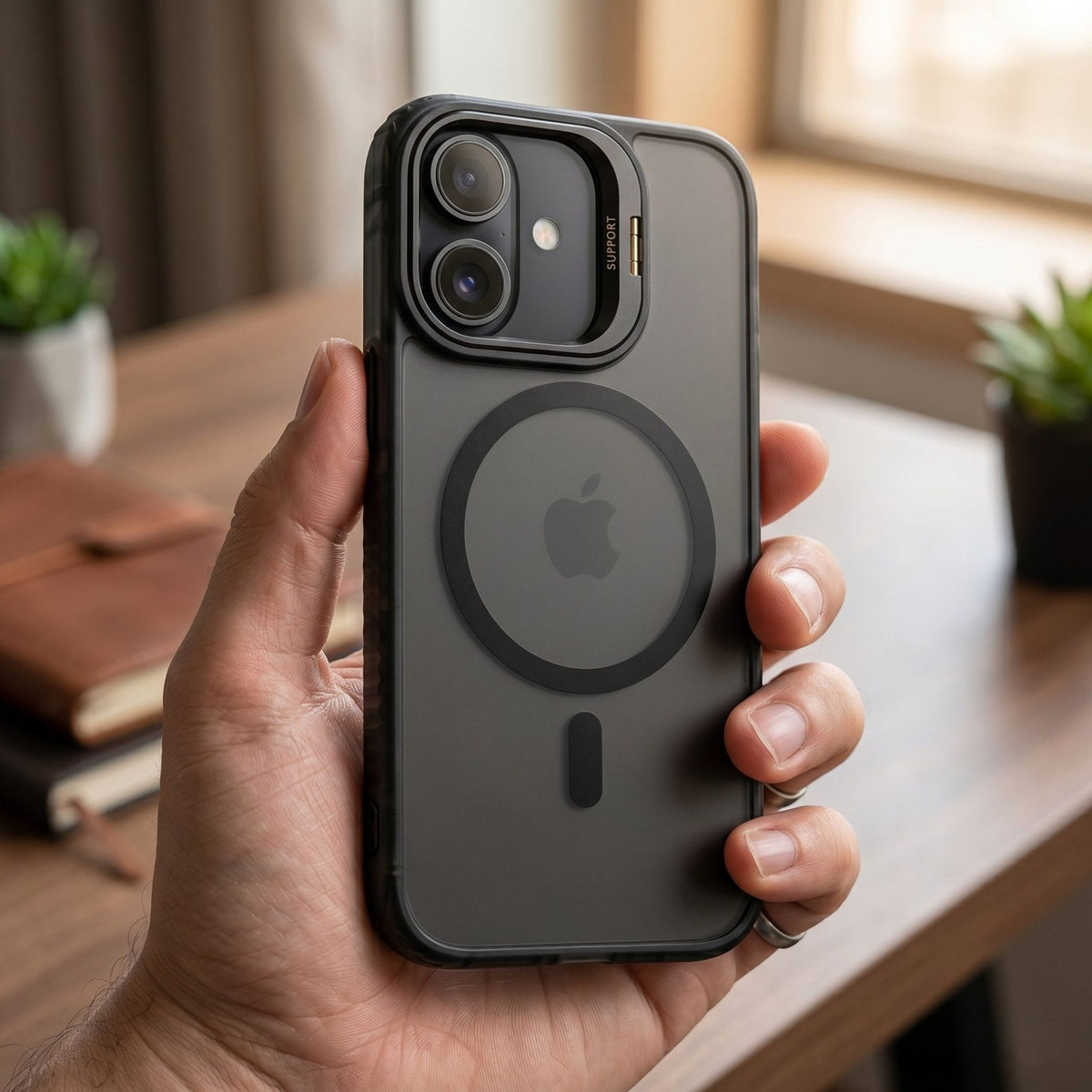 Husă iPhone 17, magnetică MagSafe, transparentă, din acril, cu suport metalic la cameră, negru