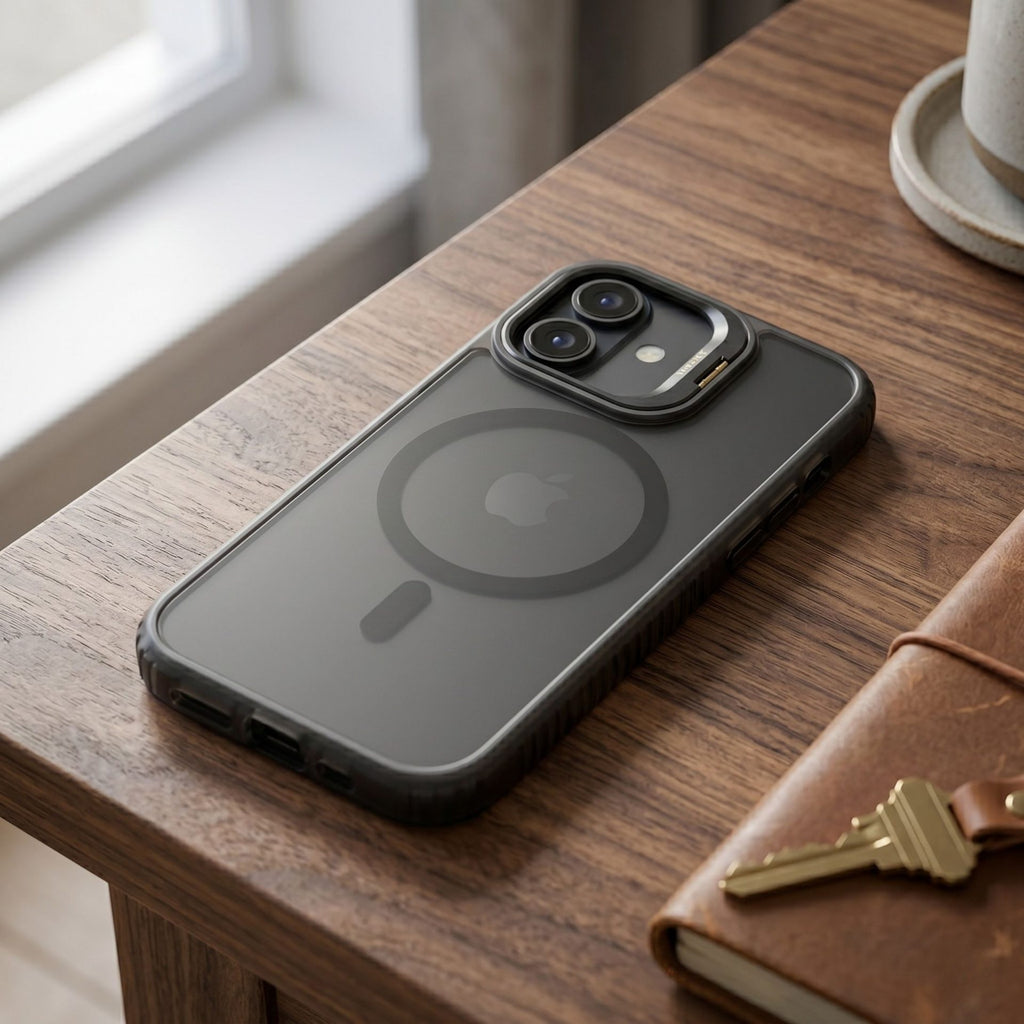 Husă iPhone 17, magnetică MagSafe, transparentă, din acril, cu suport metalic la cameră, negru