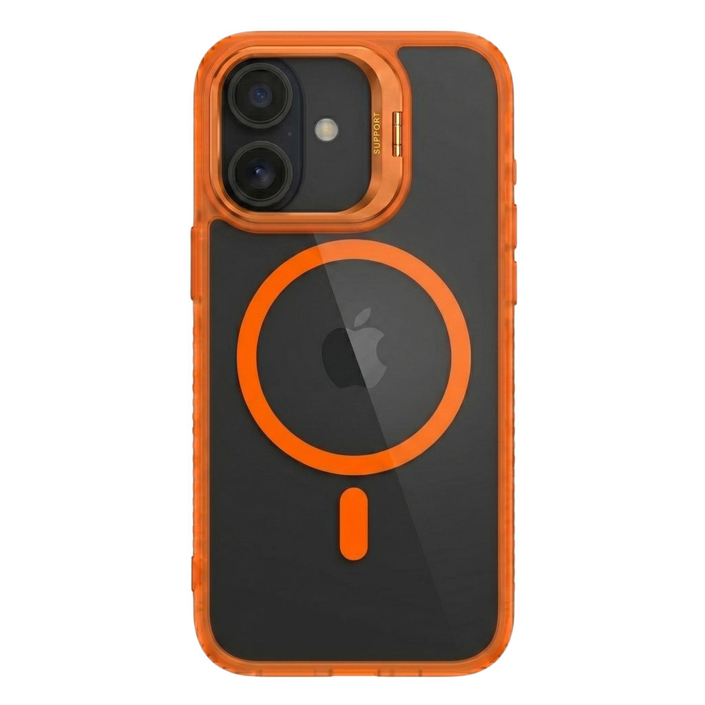 Husă iPhone 17, magnetică MagSafe, transparentă, din acril, cu suport metalic la cameră, portocaliu