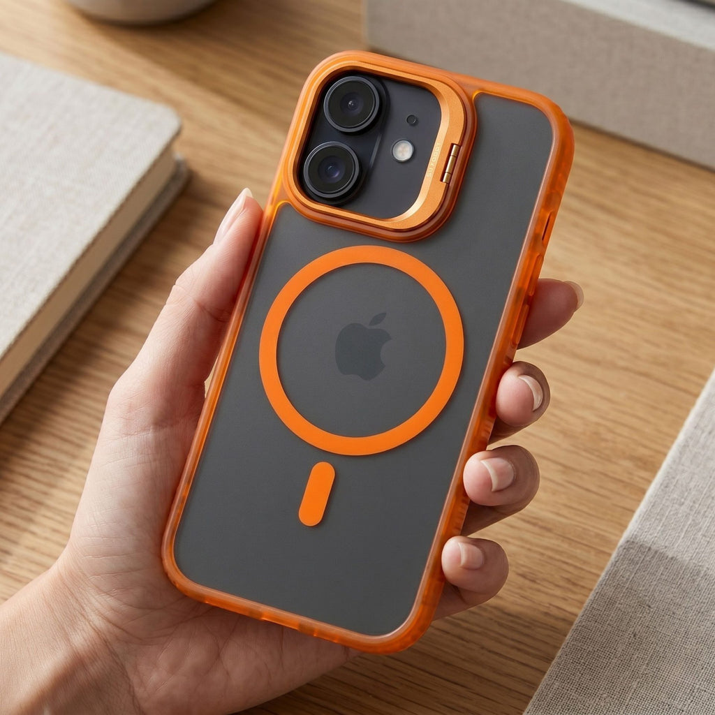 Husă iPhone 17, magnetică MagSafe, transparentă, din acril, cu suport metalic la cameră, portocaliu