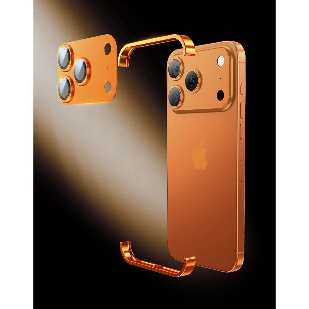 Husă iPhone 17 Pro, fără spate, doar colțuri și cameră, portocaliu