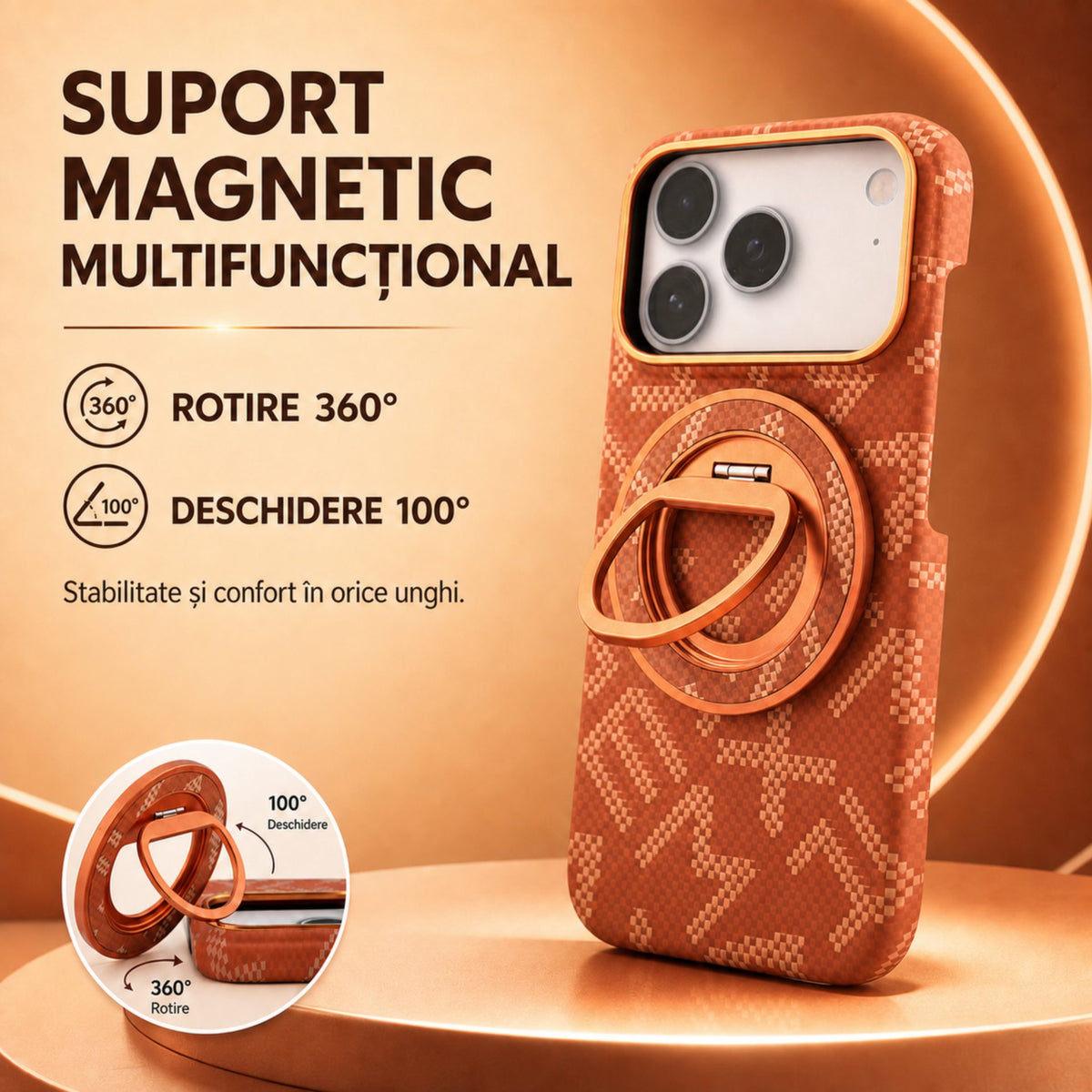 Husă iPhone 17 Pro, texturată, cu inel-suport magnetic, portocaliu
