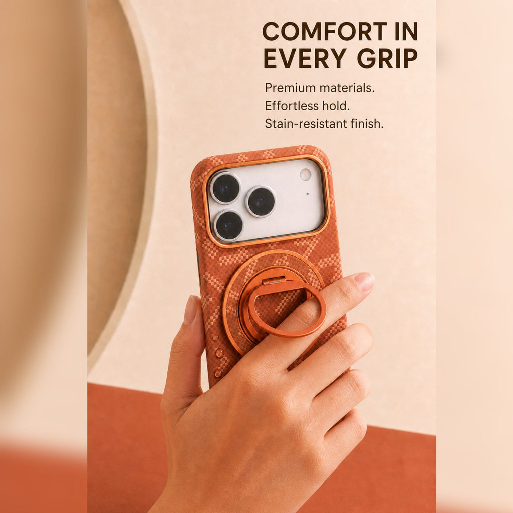 Husă iPhone 17 Pro, texturată, cu inel-suport magnetic, portocaliu