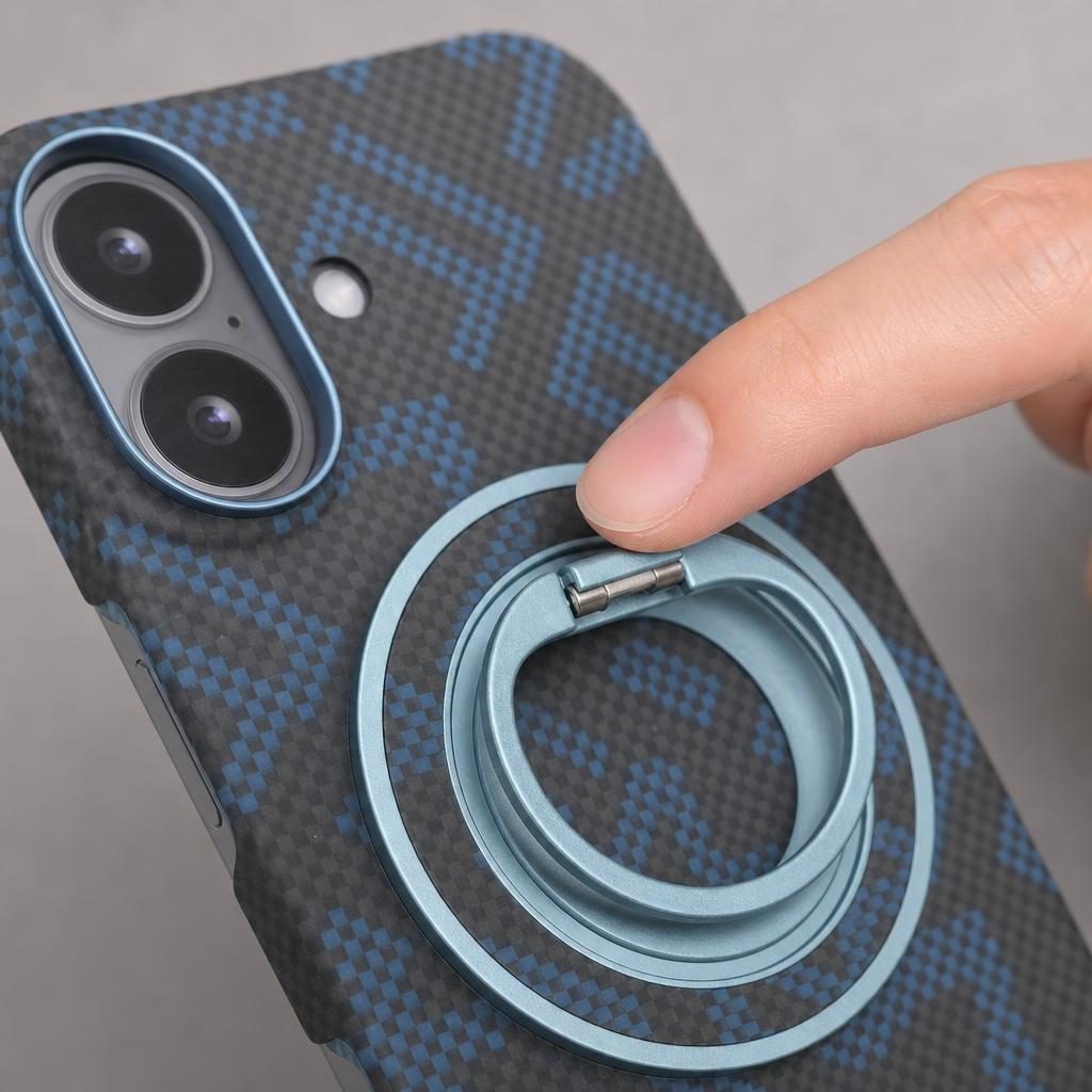 Husă iPhone 17, texturată, cu inel-suport magnetic, albastru