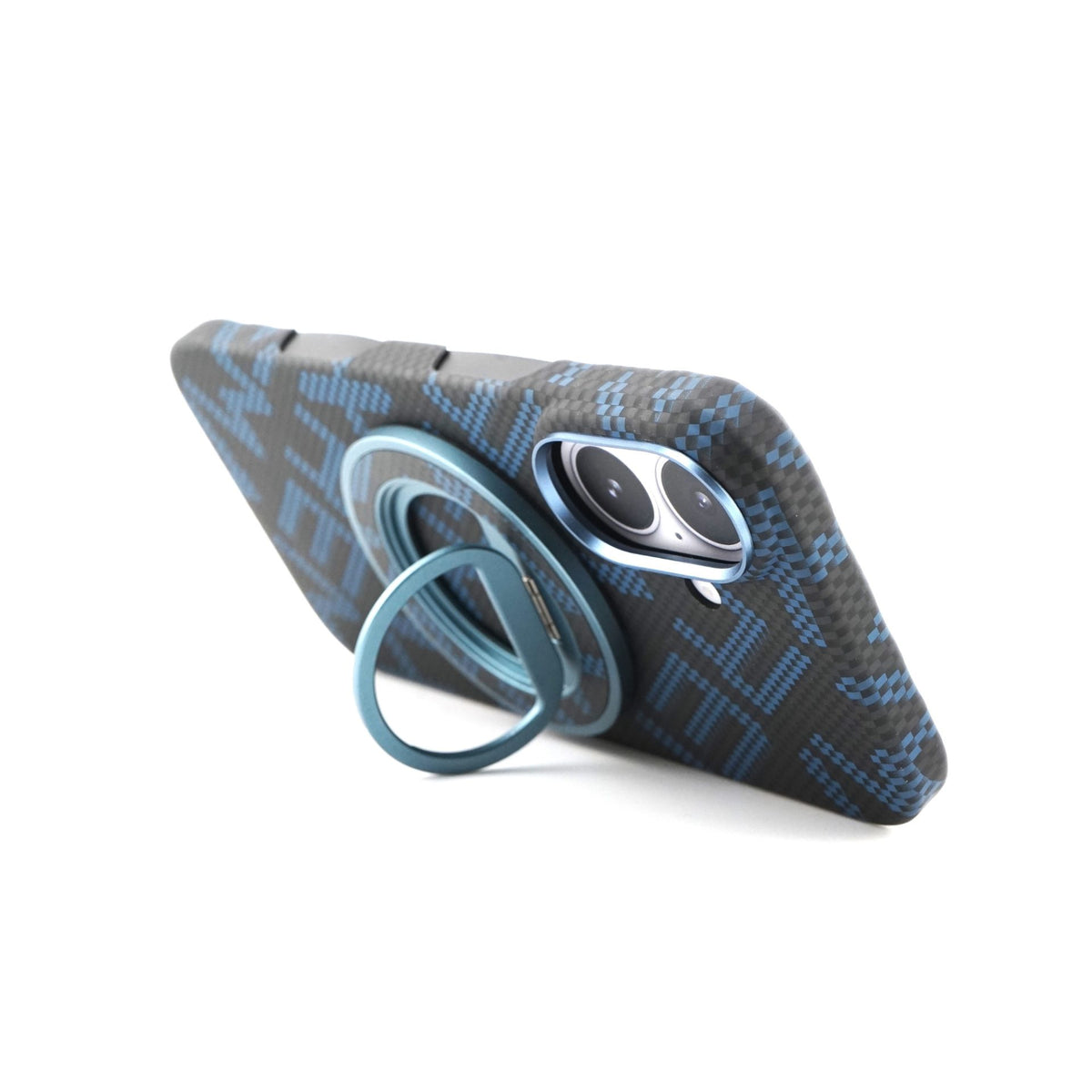 Husă iPhone 17, texturată, cu inel-suport magnetic, albastru