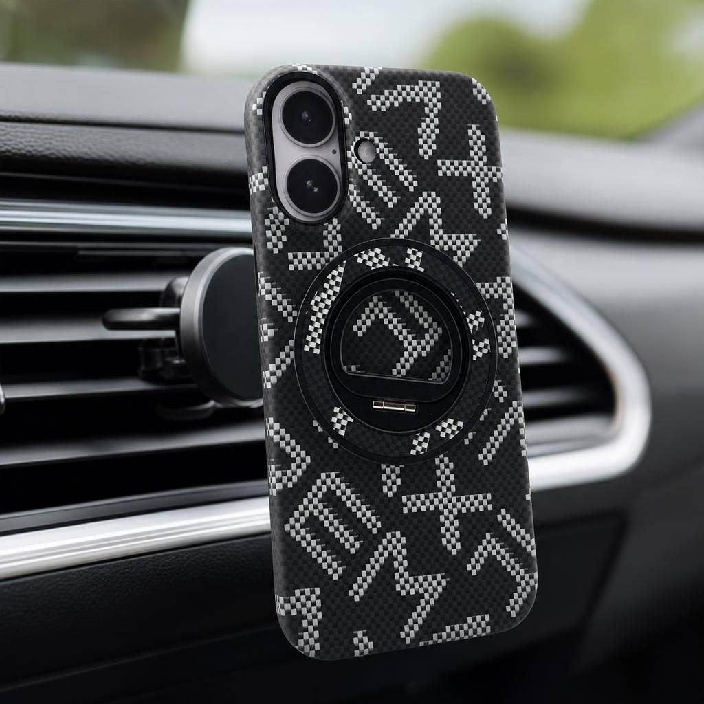 Husă iPhone 17, texturată, cu inel-suport magnetic, negru