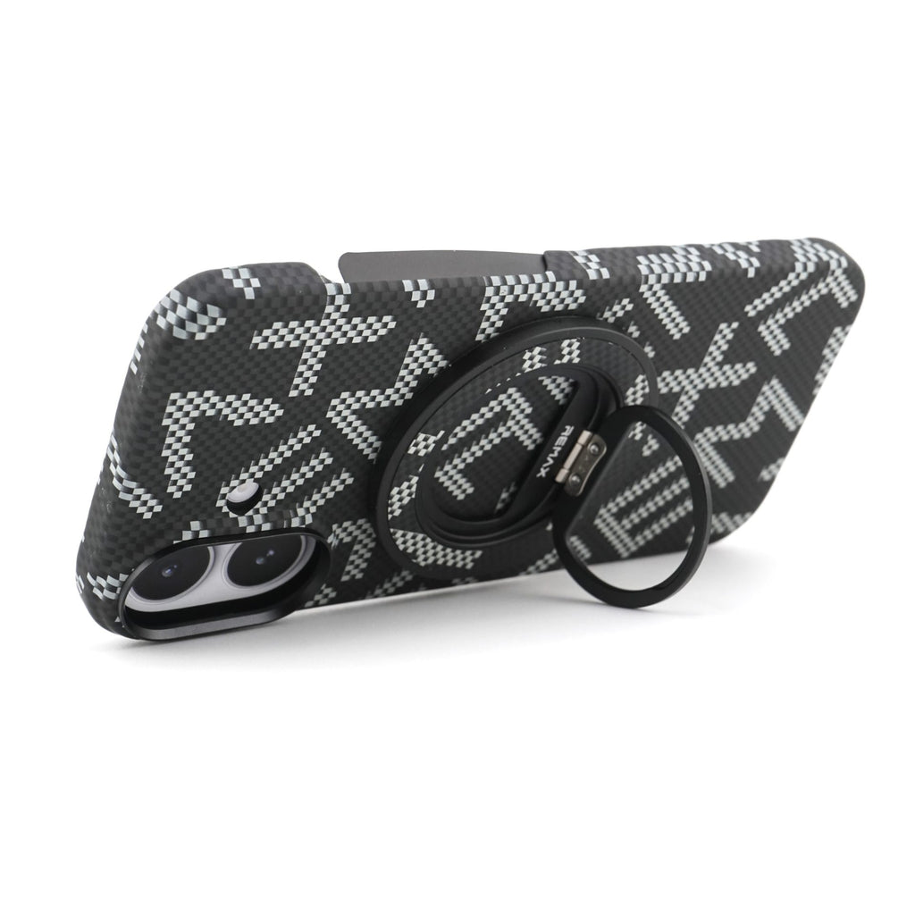 Husă iPhone 17, texturată, cu inel-suport magnetic, negru
