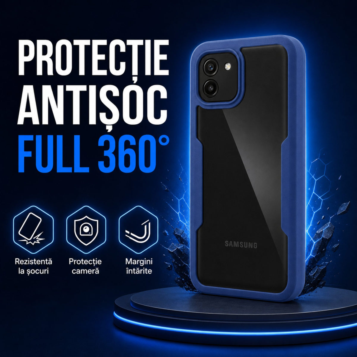 Husă Samsung Galaxy A03, 360° ultra-rezistentă, albastru