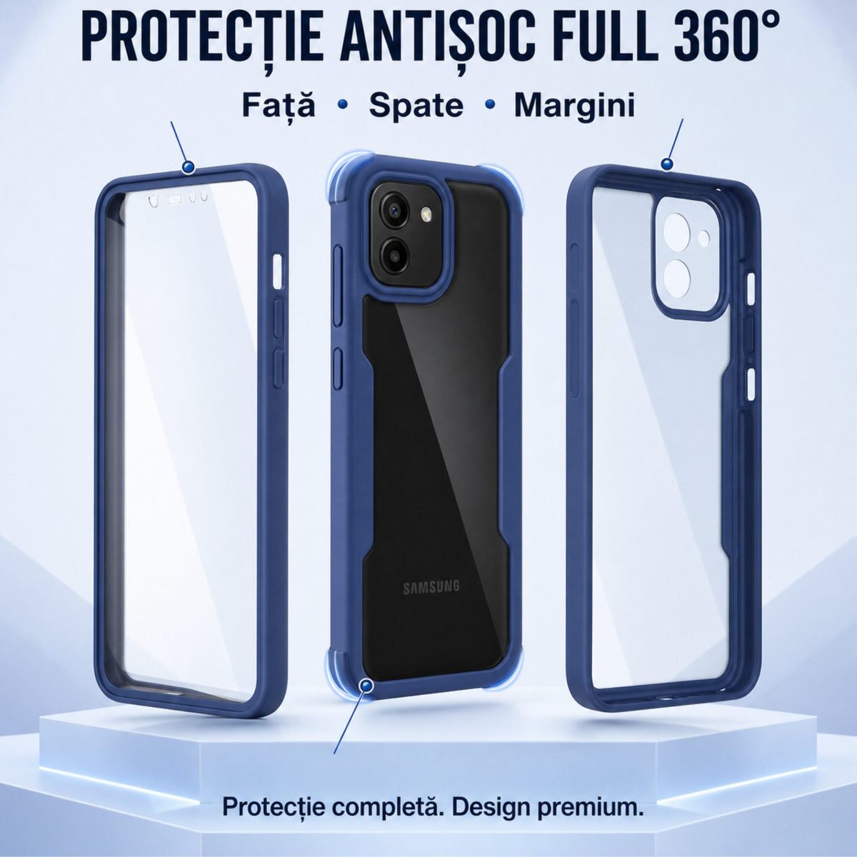 Husă Samsung Galaxy A03, 360° ultra-rezistentă, albastru
