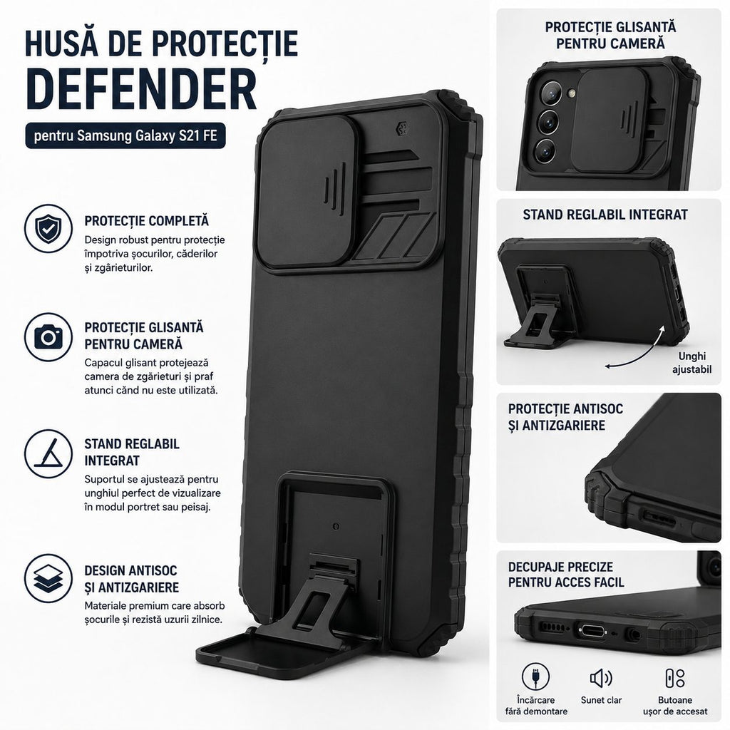 Husă Samsung Galaxy S21 FE, ultra-rezistentă cu suport, negru