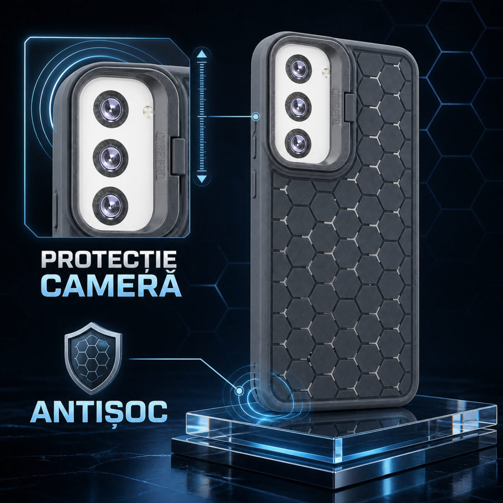 Husă Samsung Galaxy S23, antișoc, cu model 3D și inel la cameră, albastru