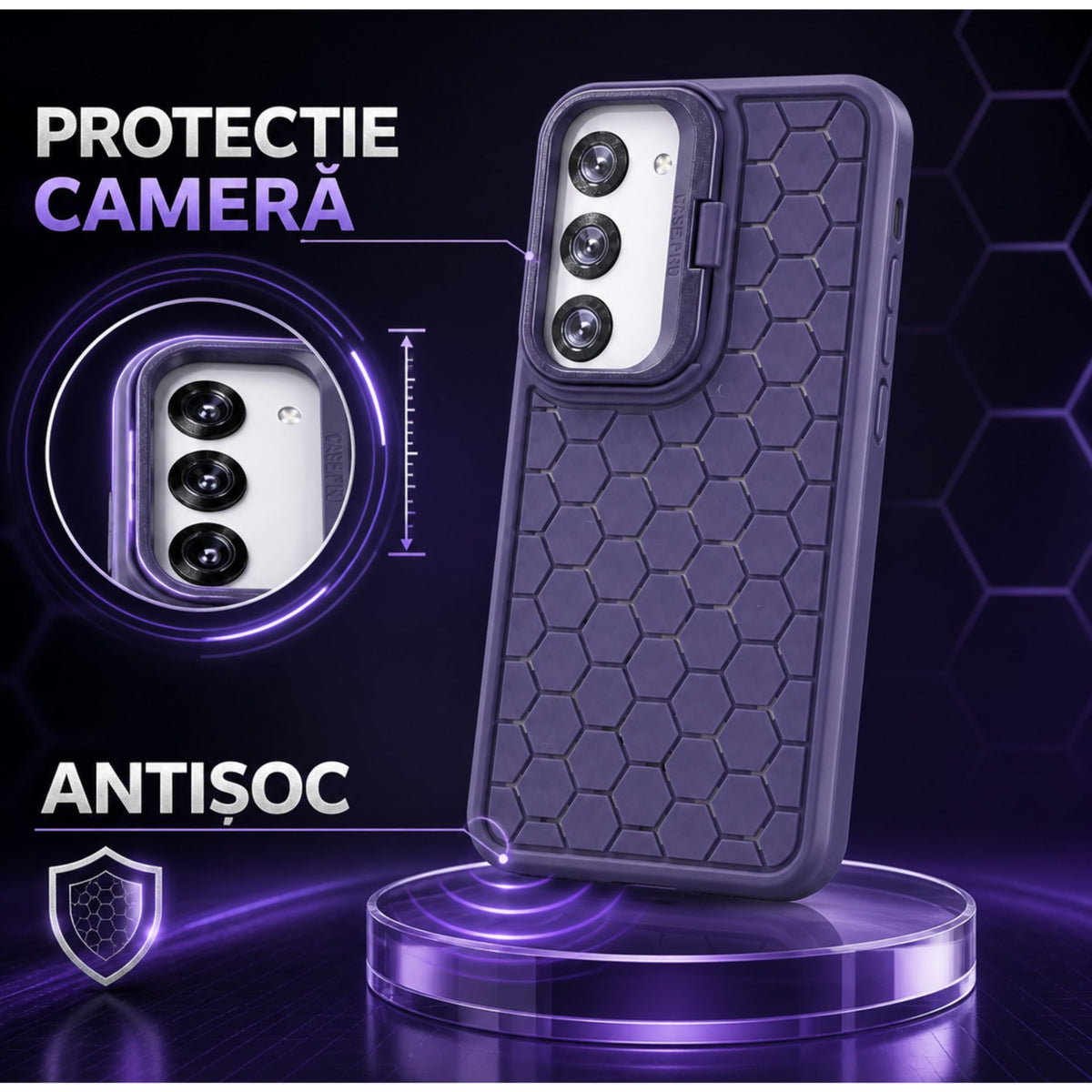 Husă Samsung Galaxy S23, antișoc, cu model 3D și inel la cameră, mov