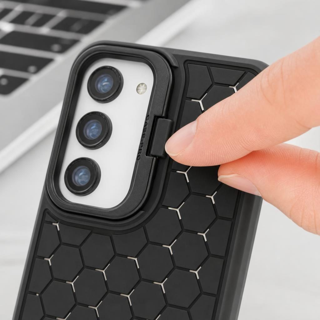 Husă Samsung Galaxy S23, antișoc, cu model 3D și inel la cameră, negru