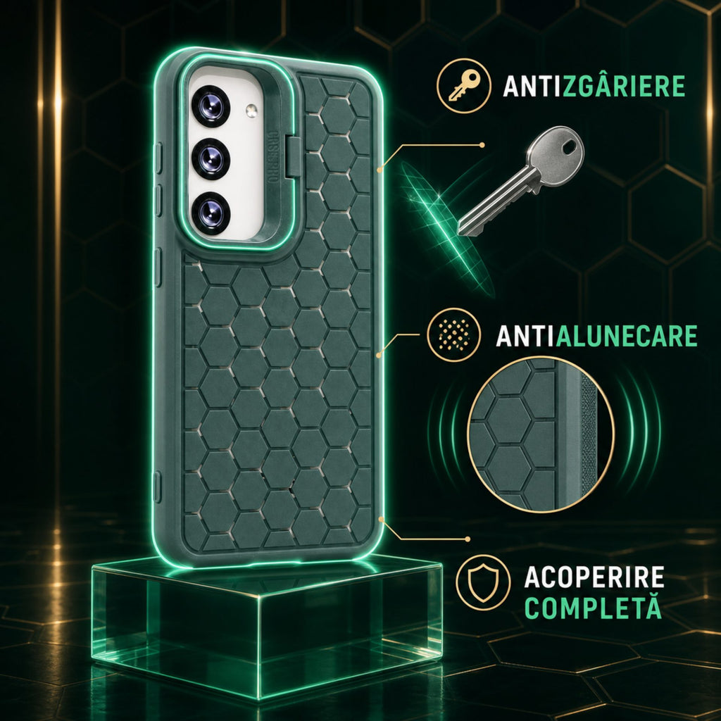 Husă Samsung Galaxy S23, antișoc, cu model 3D și inel la cameră, verde