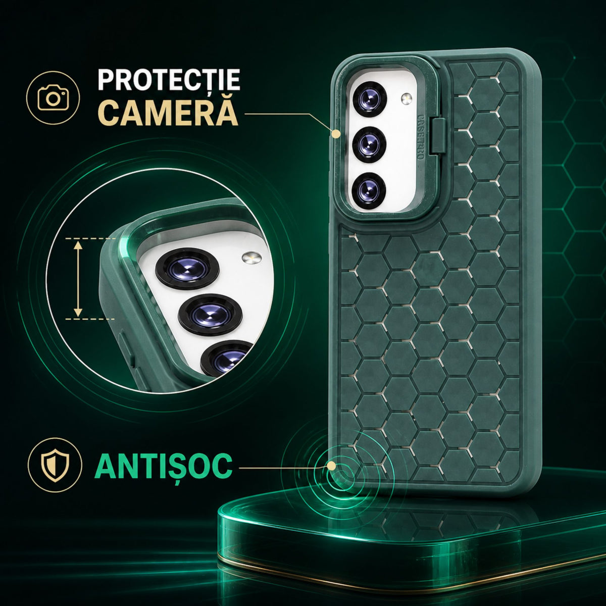 Husă Samsung Galaxy S23, antișoc, cu model 3D și inel la cameră, verde