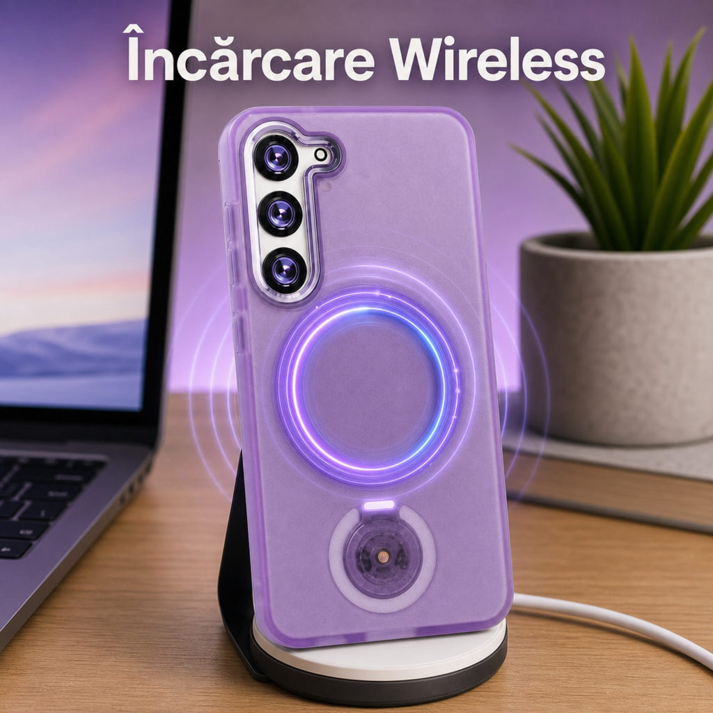 Husă Samsung Galaxy S23, magnetică MagSafe, mată, cu inel magnetic rotativ, mov