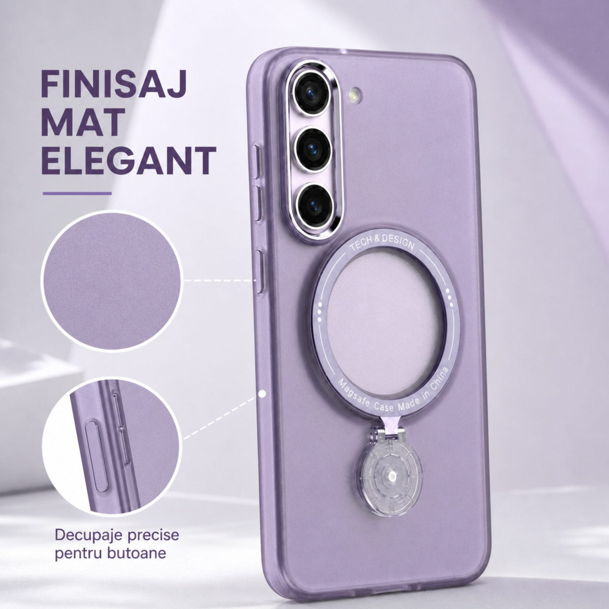 Husă Samsung Galaxy S23 Plus, magnetică MagSafe, mată, cu inel magnetic rotativ, mov