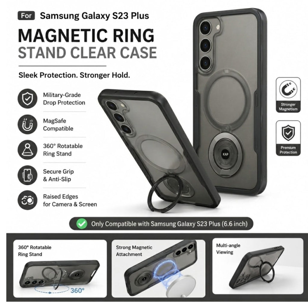 Husă Samsung Galaxy S23 Plus, magnetică MagSafe, mată, cu inel magnetic rotativ, negru