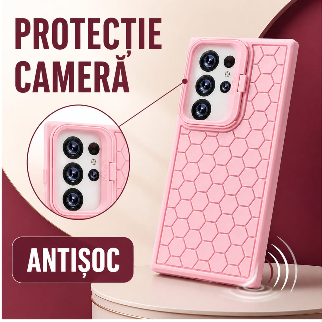 Husă Samsung Galaxy S24 Ultra, antișoc, cu model 3D și inel la cameră, roz