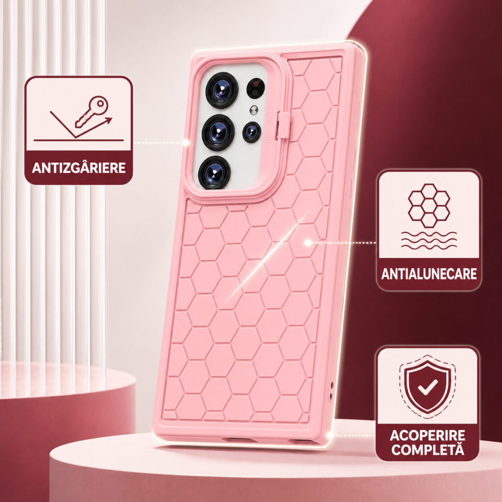 Husă Samsung Galaxy S24 Ultra, antișoc, cu model 3D și inel la cameră, roz