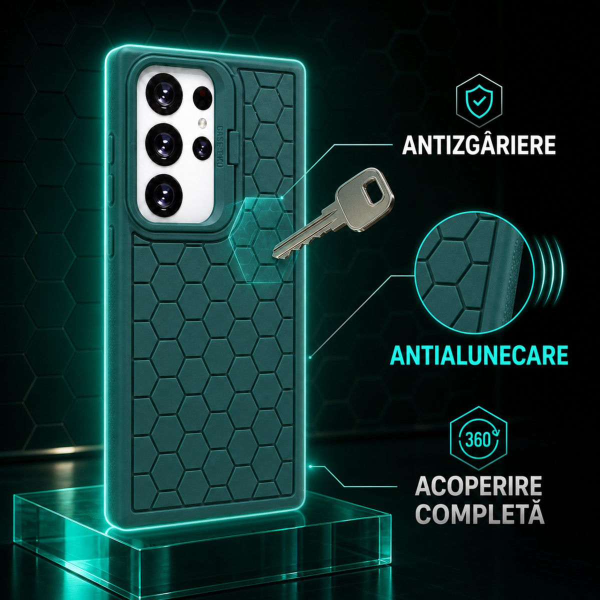 Husă Samsung Galaxy S24 Ultra, antișoc, cu model 3D și inel la cameră, verde
