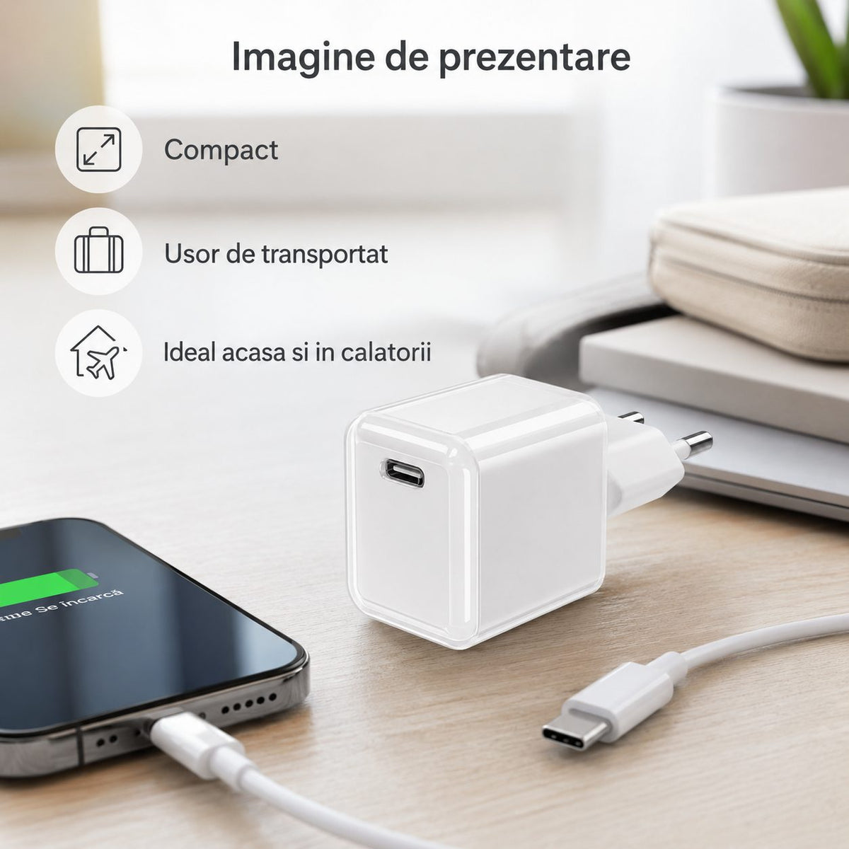Încărcător GaN 30W USB-C Mini Ice Cube, compatibil iPhone, alb