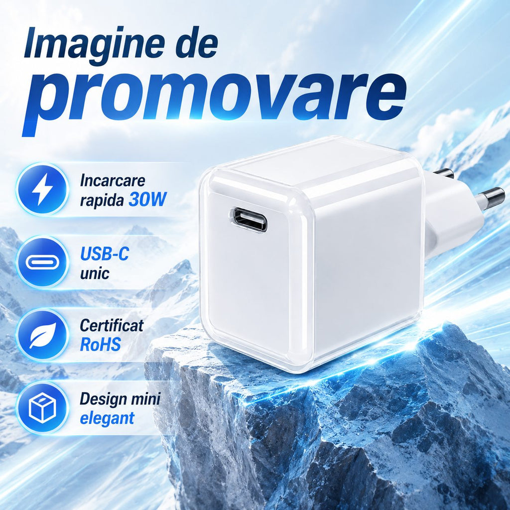 Încărcător GaN 30W USB-C Mini Ice Cube, compatibil iPhone, alb