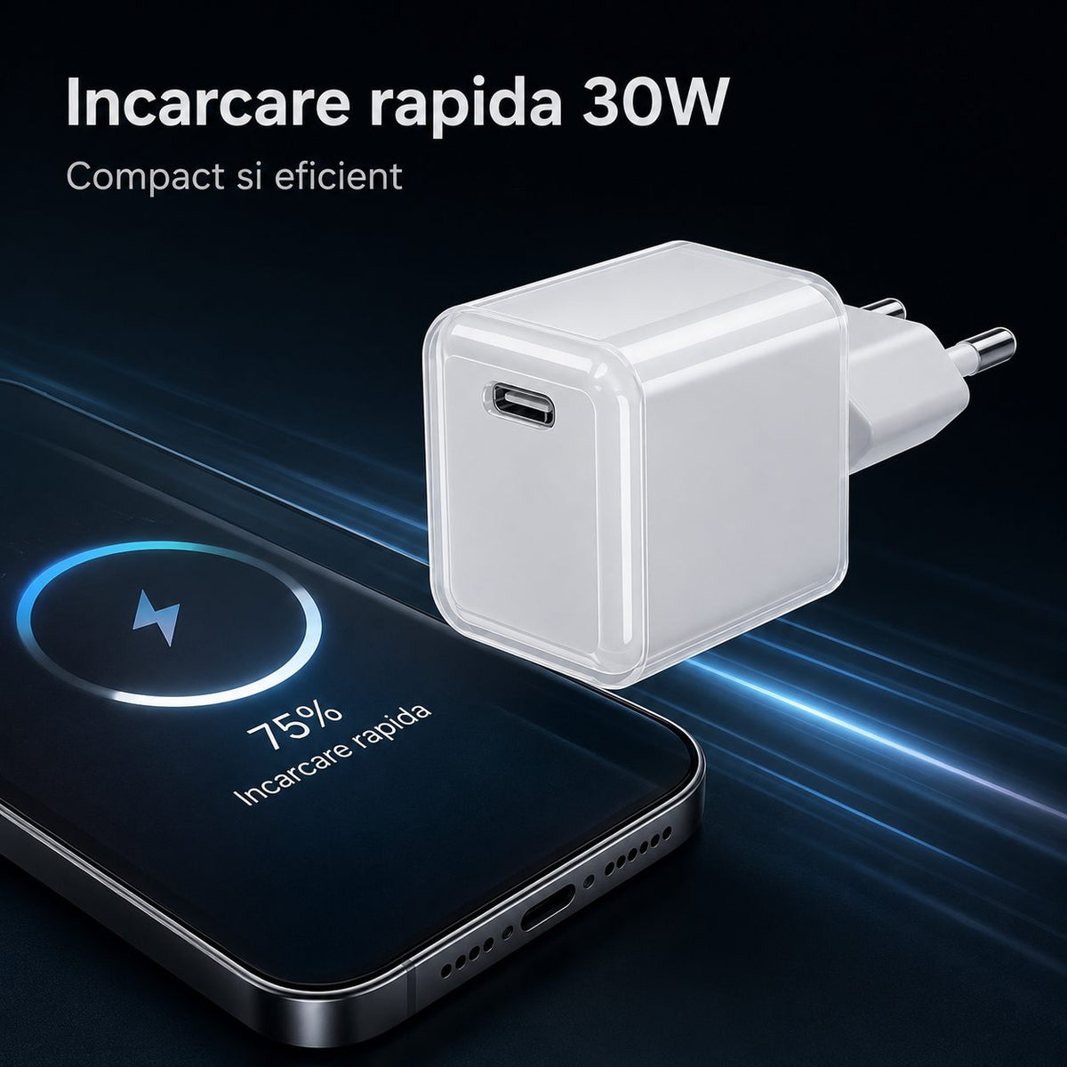 Încărcător GaN 30W USB-C Mini Ice Cube, compatibil iPhone, alb