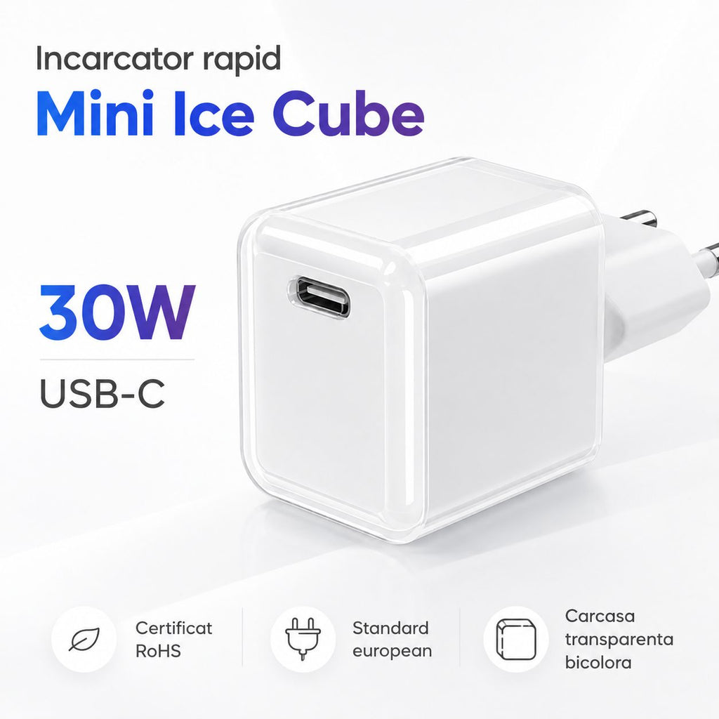 Încărcător GaN 30W USB-C Mini Ice Cube, compatibil iPhone, alb