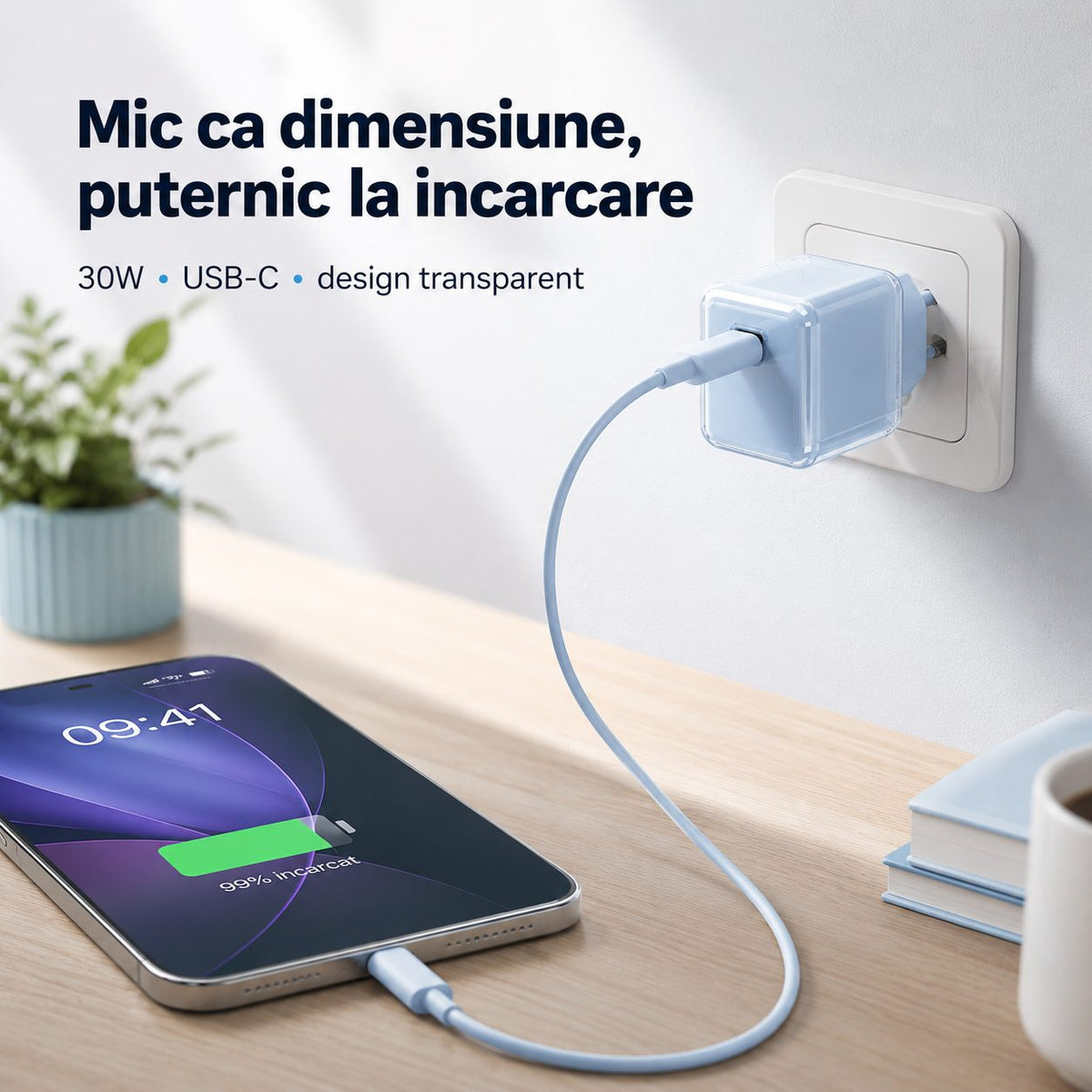 Încărcător GaN 30W USB-C Mini Ice Cube, compatibil iPhone, albastru